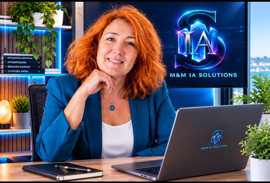 Montse Mas en su escritorio, con el logo de M&M IA Solutions en la pantalla y el portátil